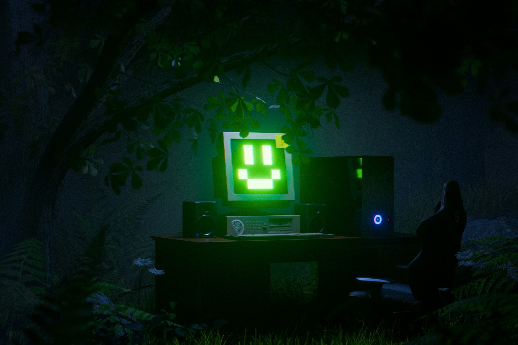 Glowing computer in a forest